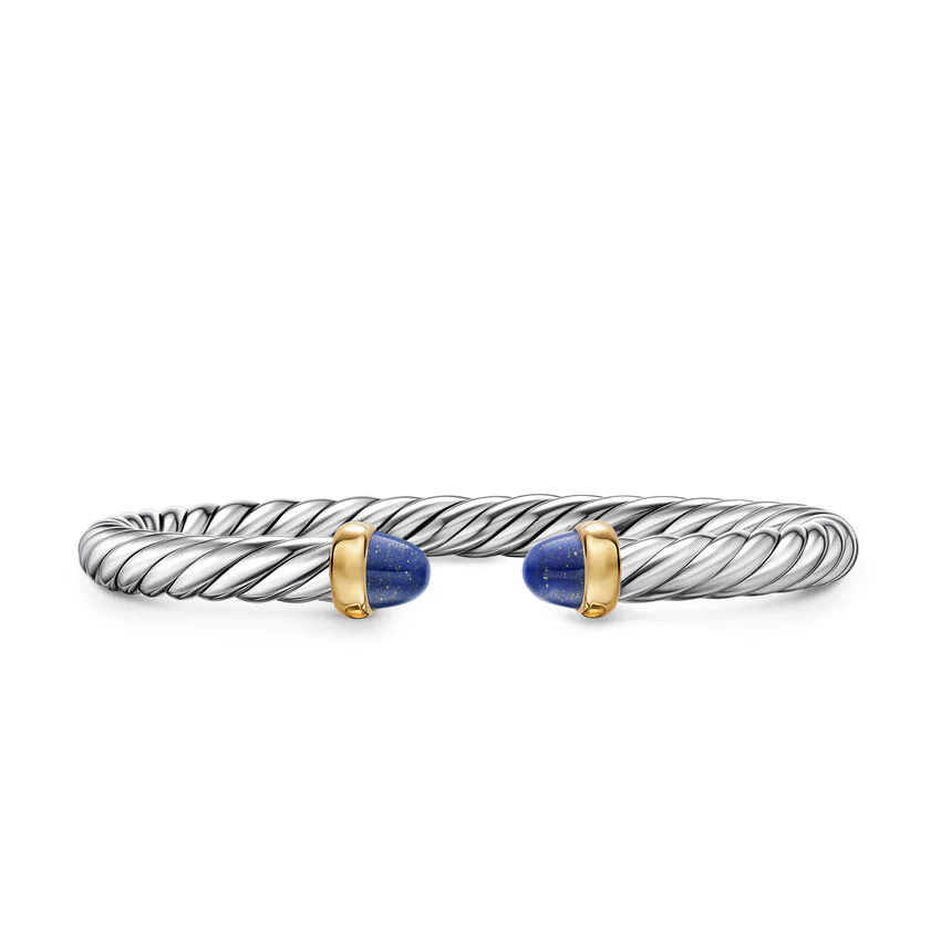 Cable Flex Cuff in Sterling Silver with 14K Yellow Gold and Lapis, 6mm, Size Medium
