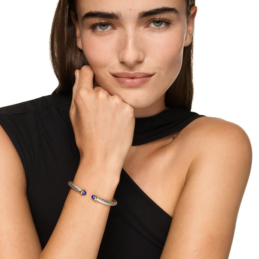 Cable Flex Cuff in Sterling Silver with 14K Yellow Gold and Lapis, 6mm, Size Medium - Image 3