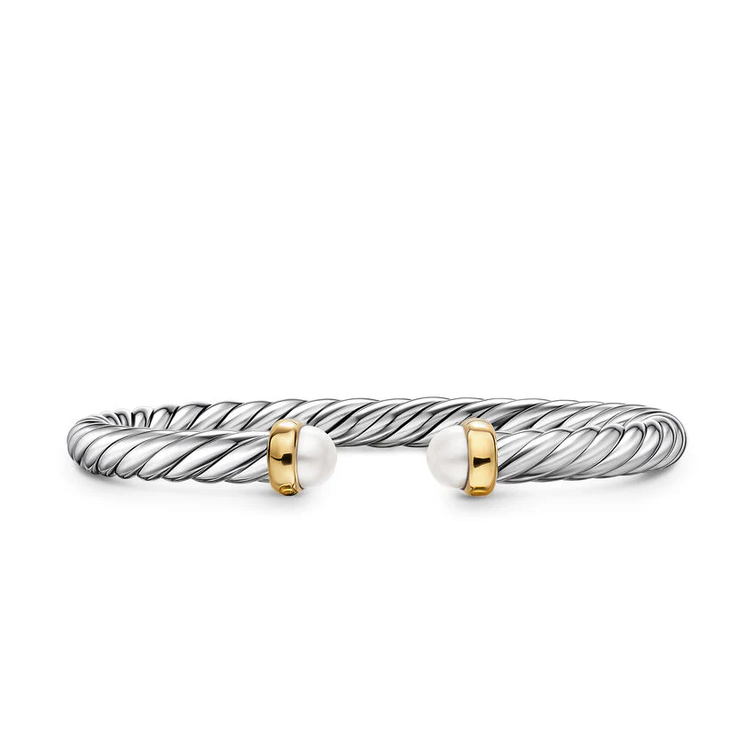 Cable Flex Cuff in Sterling Silver with 14K Yellow Gold and Pearls, 6mm, Size Large