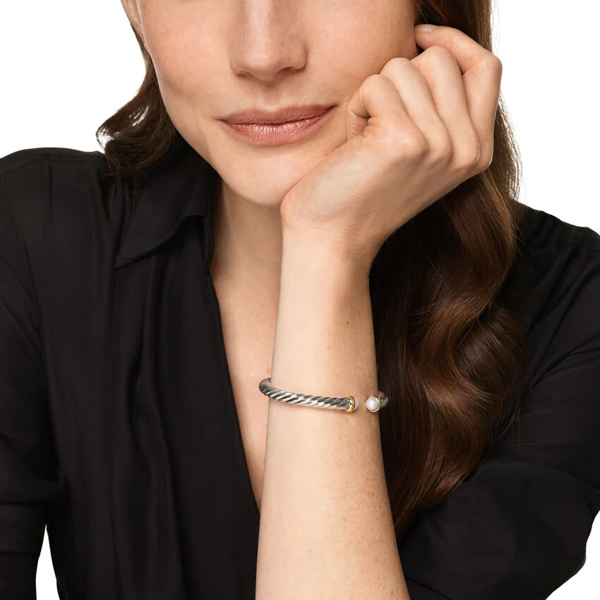 Cable Flex Cuff in Sterling Silver with 14K Yellow Gold and Pearls, 6mm, Size Large - Image 3