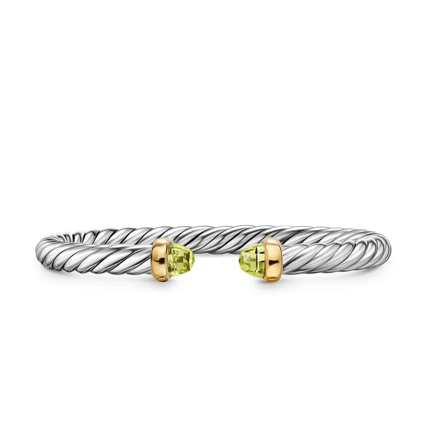 Cable Flex Cuff in Sterling Silver with 14K Yellow Gold and Peridot, 6mm, Size Medium