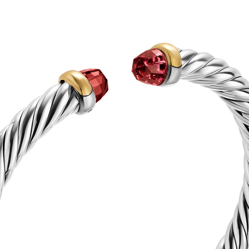 Cable Flex Cuff in Sterling Silver with 14K Yellow Gold and Rhodolite Garnet, 6mm, Size Medium - Image 2