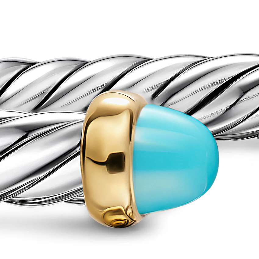 Cable Flex Cuff in Sterling Silver with 14K Yellow Gold and Turquoise, 6mm, Size Large - Image 2