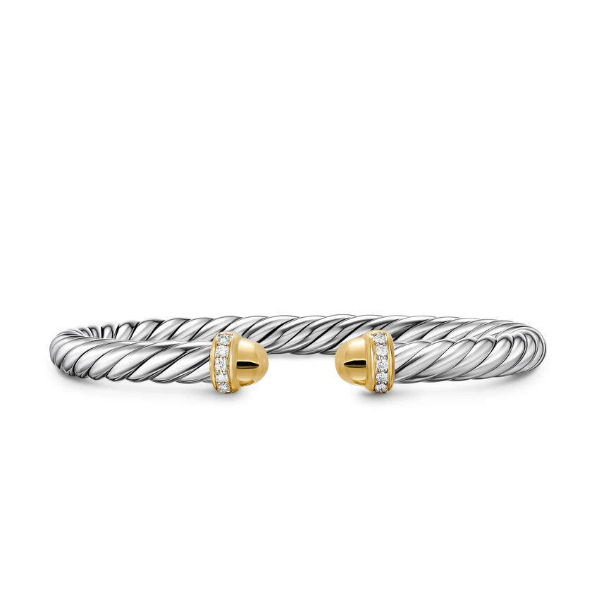 Cable Flex Cuff in Sterling Silver with 14K Yellow Gold Domes and Diamonds, 6mm, Size Small