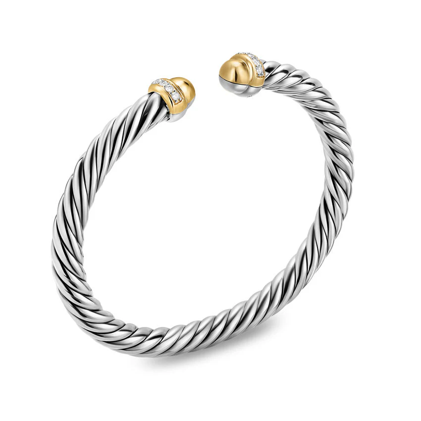 Cable Flex Cuff in Sterling Silver with 14K Yellow Gold Domes and Diamonds, 6mm, Size Medium - Image 2