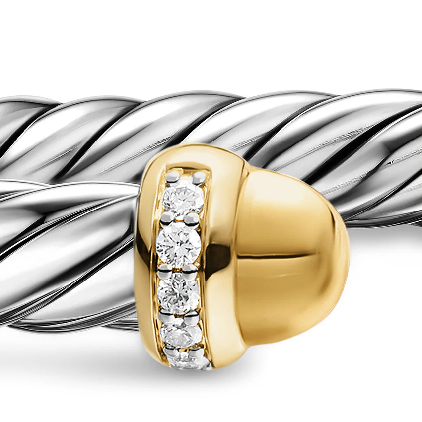 Cable Flex Cuff in Sterling Silver with 14K Yellow Gold Domes and Diamonds, 6mm, Size Medium - Image 3
