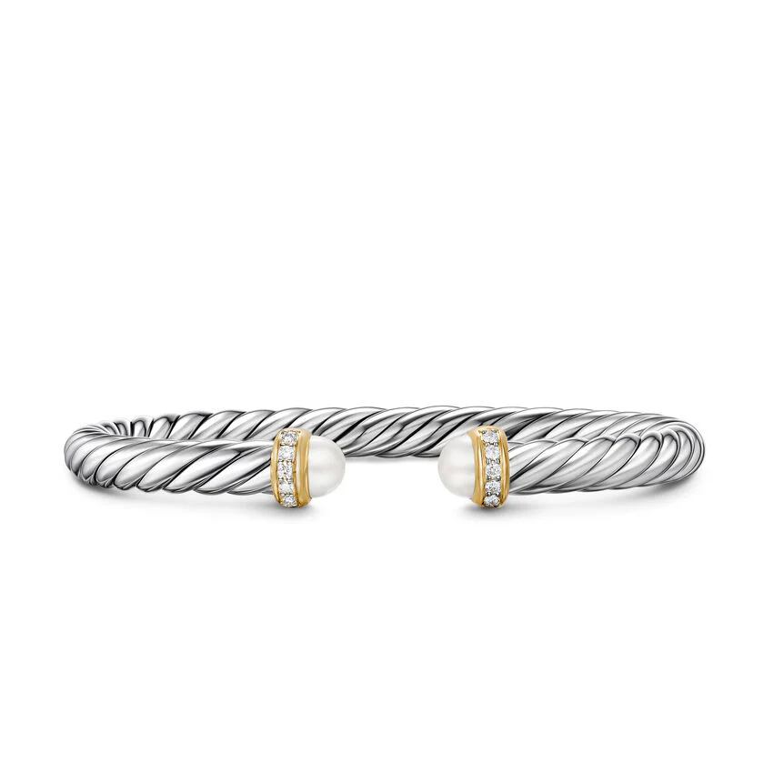 Cable Flex Cuff in Sterling Silver with 14K Yellow Gold, Pearls and Diamonds, 6mm, Size Large