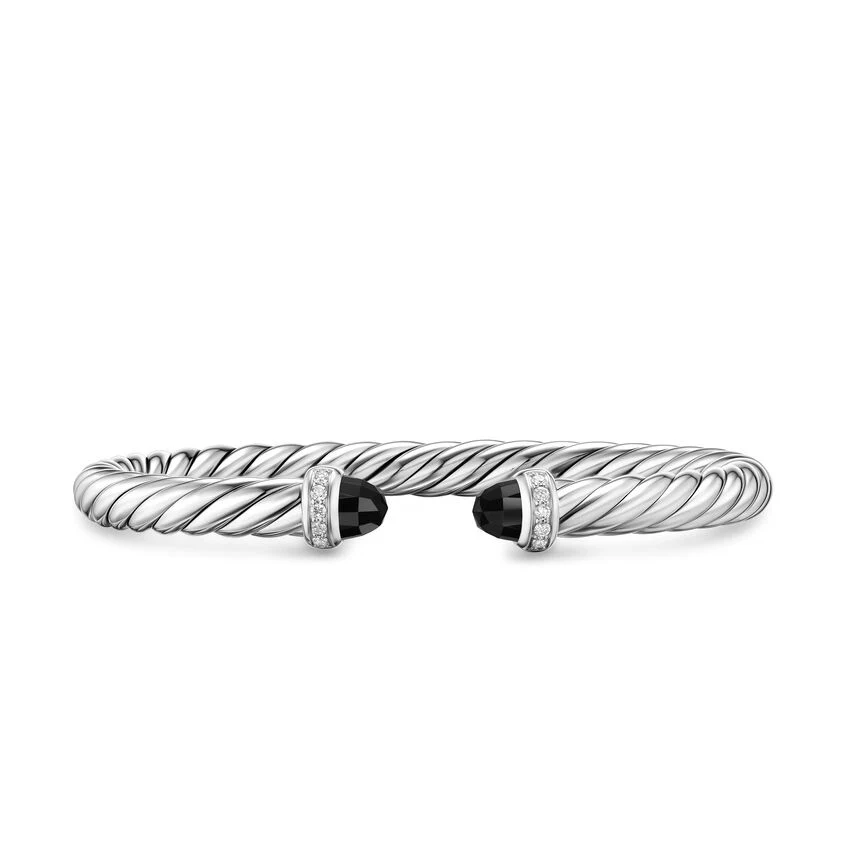 Cable Flex Cuff in Sterling Silver with Black Onyx and Diamonds, 6mm, Size Small