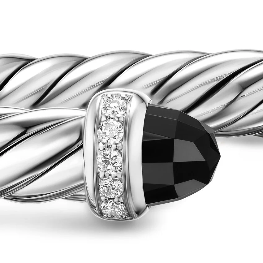 Cable Flex Cuff in Sterling Silver with Black Onyx and Diamonds, 6mm, Size Small - Image 2