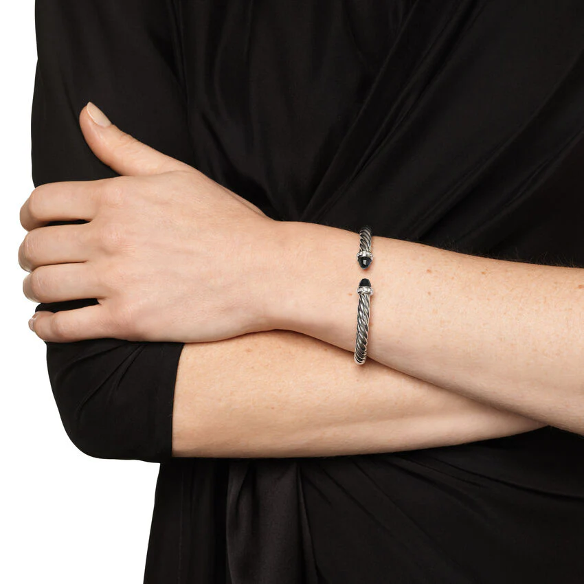 Cable Flex Cuff in Sterling Silver with Black Onyx and Diamonds, 6mm, Size Small - Image 3