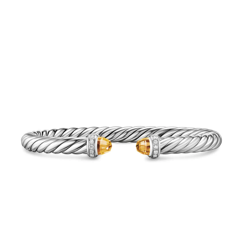 Cable Flex Cuff in Sterling Silver with Citrine and Diamonds, 6mm, Size Small