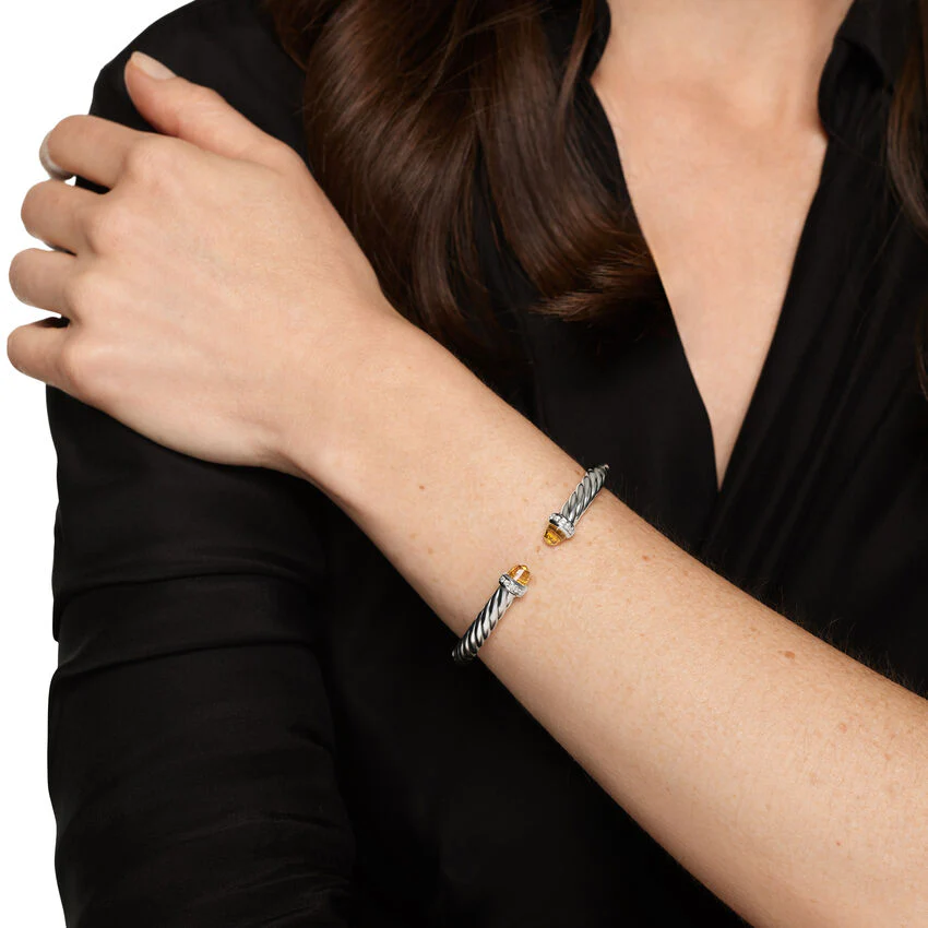 Cable Flex Cuff in Sterling Silver with Citrine and Diamonds, 6mm, Size Small - Image 3