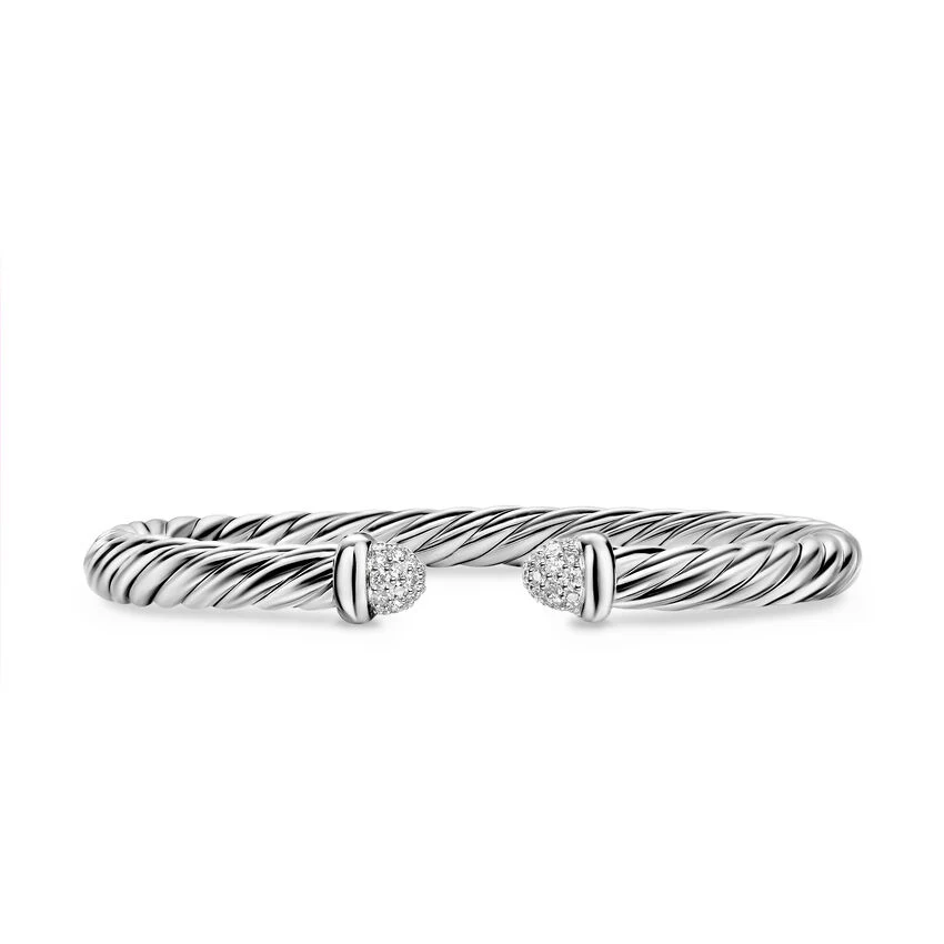 Cable Flex Cuff in Sterling Silver with Pavé Diamond Domes, 6mm, Size Medium
