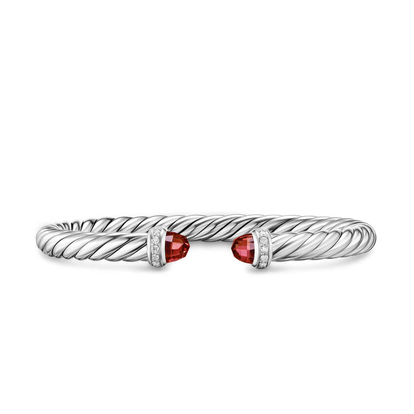 Cable Flex Cuff in Sterling Silver with Rhodolite Garnet and Diamonds, 6mm, Size Small