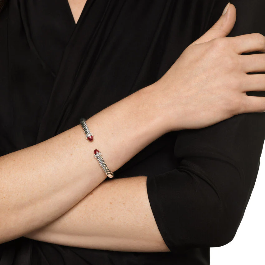 Cable Flex Cuff in Sterling Silver with Rhodolite Garnet and Diamonds, 6mm, Size Small - Image 3