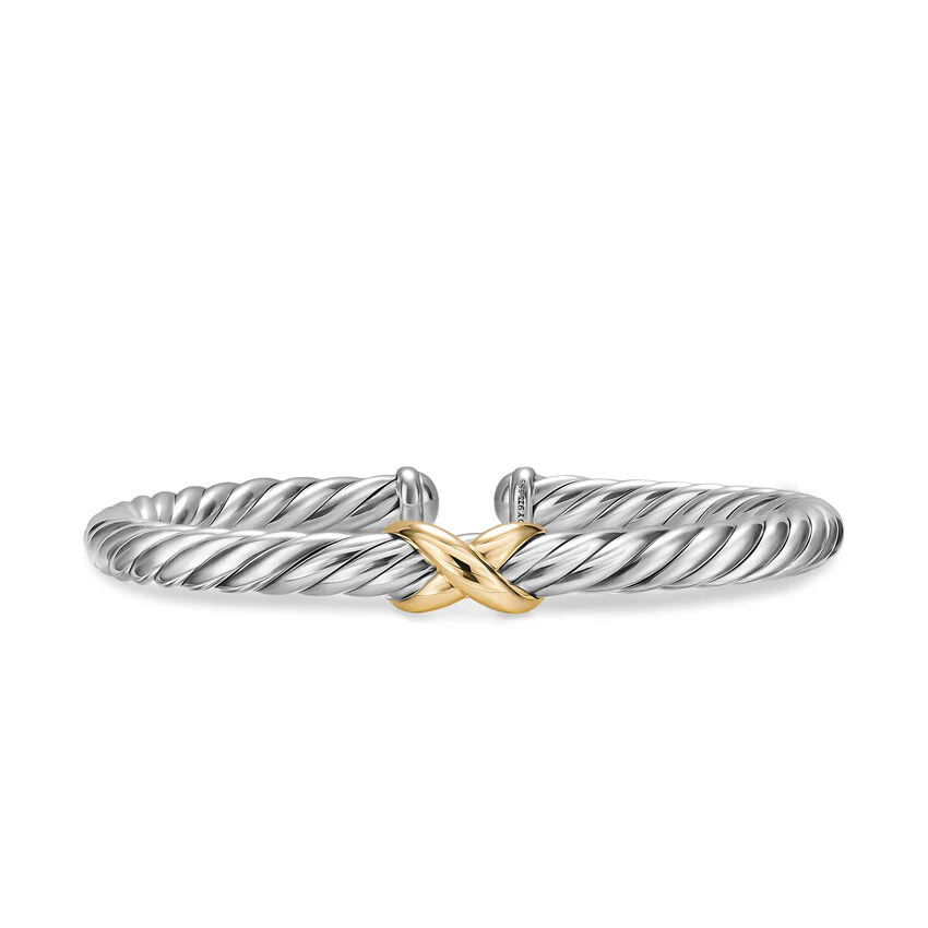Cable Flex X Cuff in Sterling Silver with 14K Yellow Gold, 6mm, Size Medium