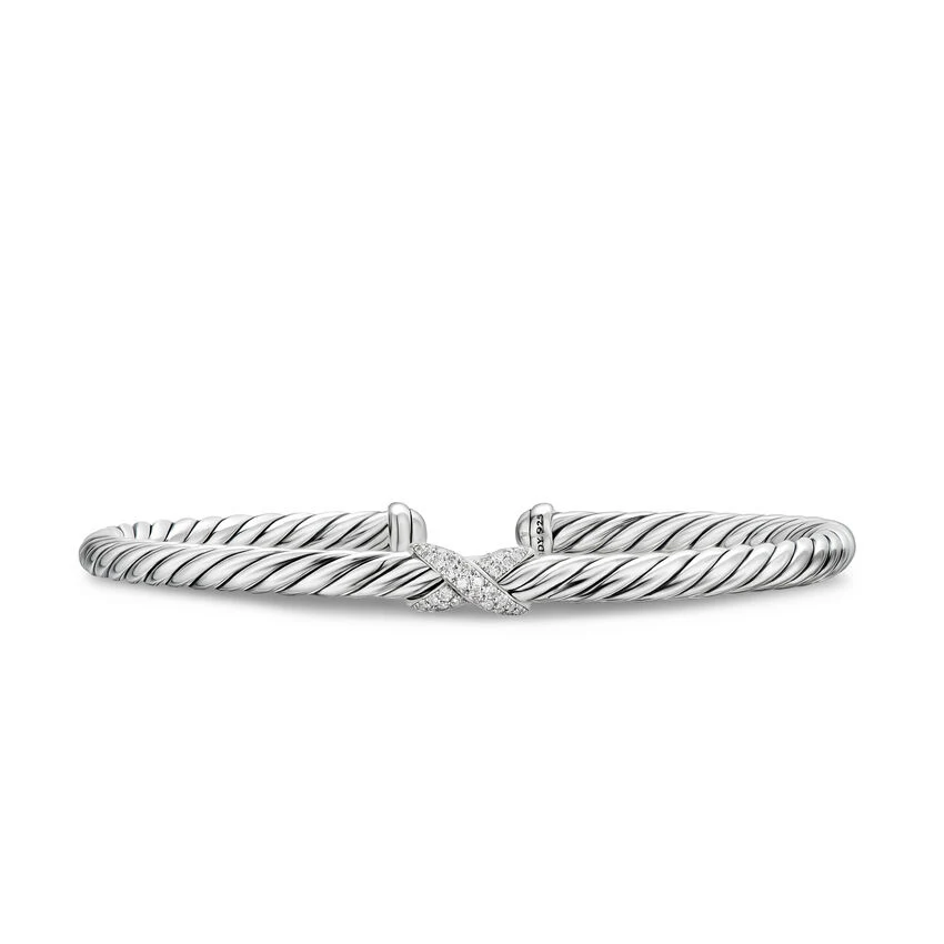 Cable Flex X Station Cuff in Sterling Silver with Diamonds, 4mm, Size Medium