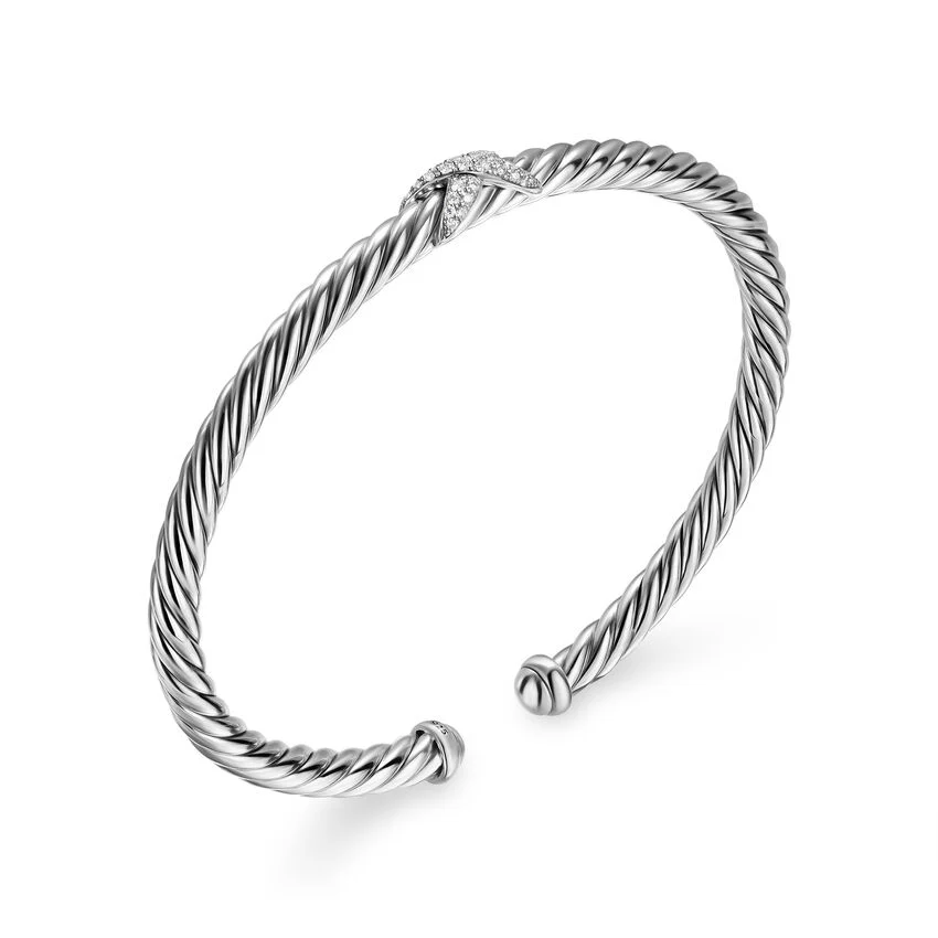 Cable Flex X Station Cuff in Sterling Silver with Diamonds, 4mm, Size Medium - Image 2