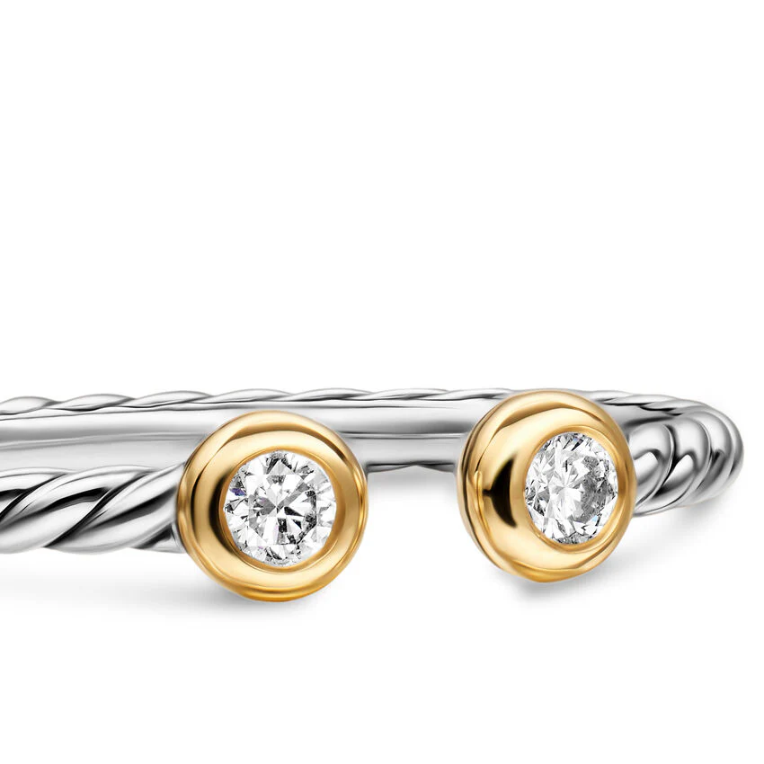 Cable Open Round Ring in Sterling Silver with 18K Yellow Gold and Diamonds, 3.9mm, Size 6 - Image 2