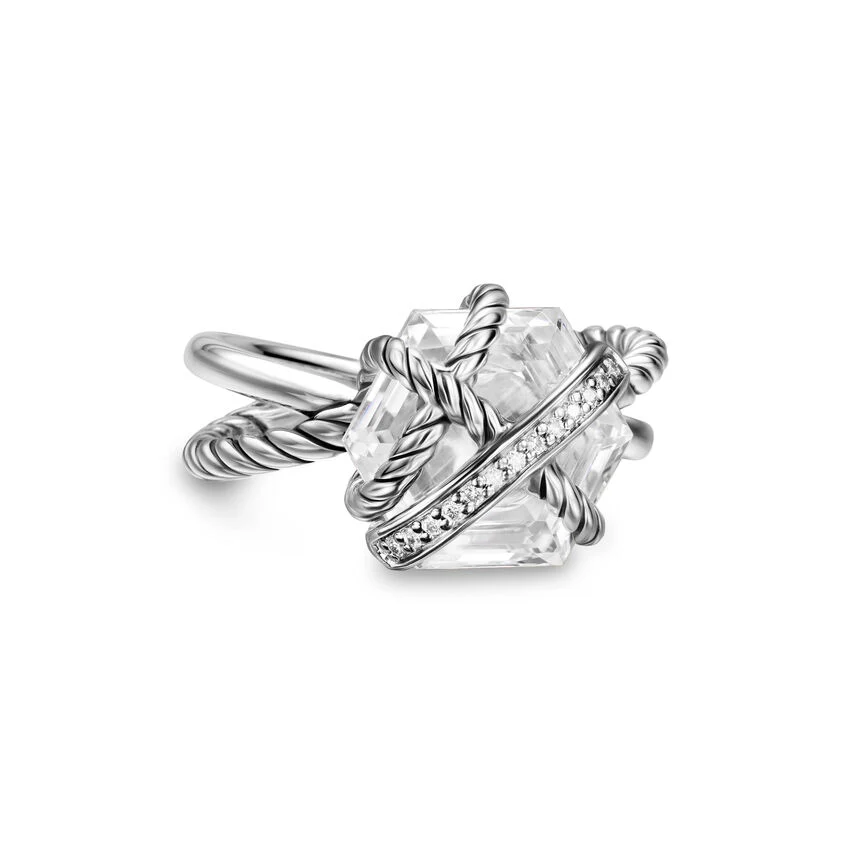 Cable Wrap Ring in Sterling Silver with Crystal and Pavé Diamonds, 11mm, Size 6