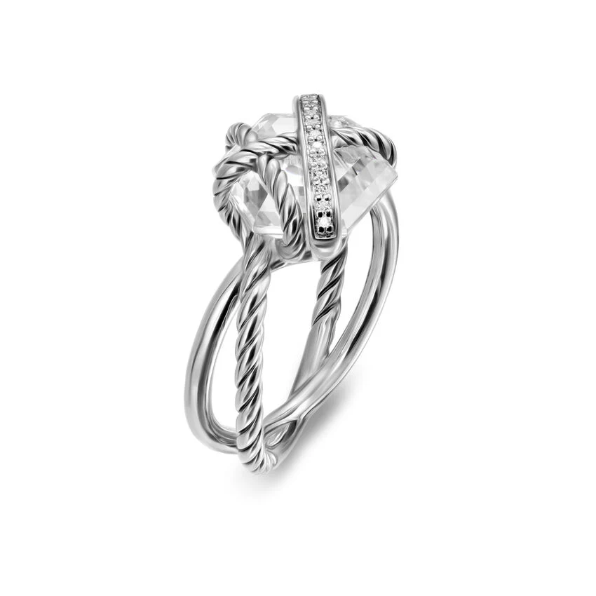 Cable Wrap Ring in Sterling Silver with Crystal and Pavé Diamonds, 11mm, Size 6 - Image 2