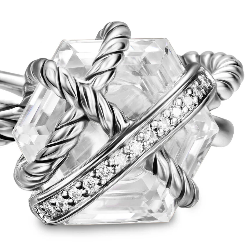 Cable Wrap Ring in Sterling Silver with Crystal and Pavé Diamonds, 11mm, Size 6 - Image 4
