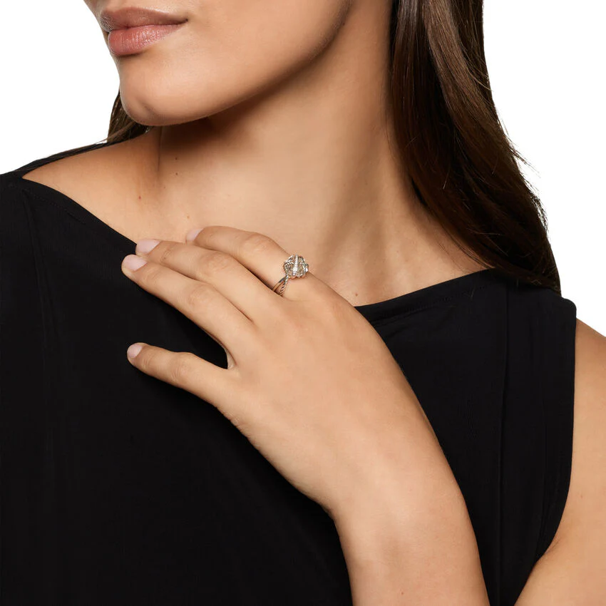 Cable Wrap Ring in Sterling Silver with Crystal and Pavé Diamonds, 11mm, Size 6 - Image 5