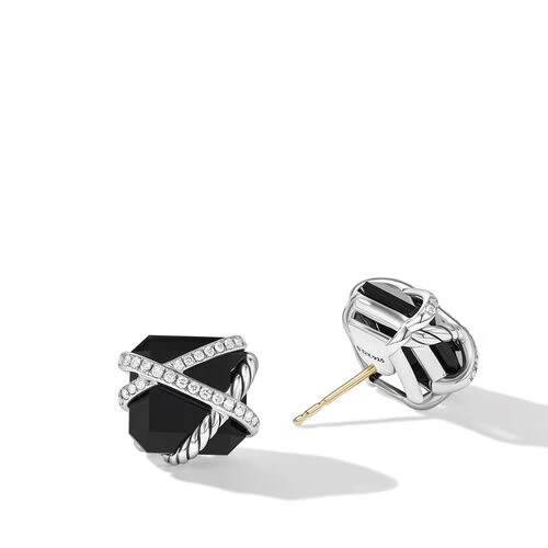 Cable Wrap Stud Earrings in Sterling Silver with Black Onyx and Diamonds, 12mm - Image 2