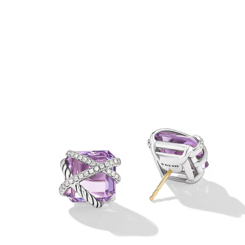 Cable Wrap Stud Earrings in Sterling Silver with Lavender Amethyst and Diamonds, 12mm - Image 2