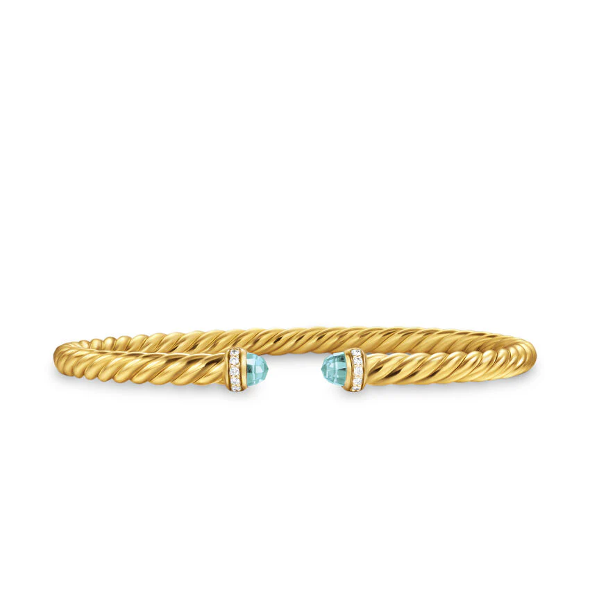 Cablespira Flex Bracelet in 18K Yellow Gold with Aquamarine and Diamonds, 4mm, Size Medium