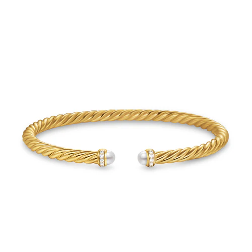 Cablespira Flex Bracelet in 18K Yellow Gold with Pearls and Diamonds, 4mm, Size Medium - Image 2