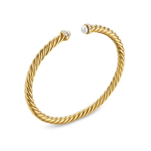 Cablespira Flex Bracelet in 18K Yellow Gold with Pearls and Diamonds, 4mm, Size Medium - Image 3