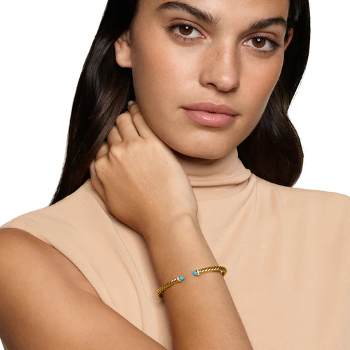 Cablespira Flex Bracelet in 18K Yellow Gold with Turquoise and Diamonds, 4mm, Size Medium - Image 6