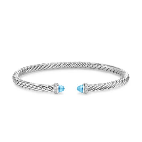 Cablespira Flex Bracelet in Sterling Silver with Blue Topaz and Diamonds, 4mm, Size Small - Image 2