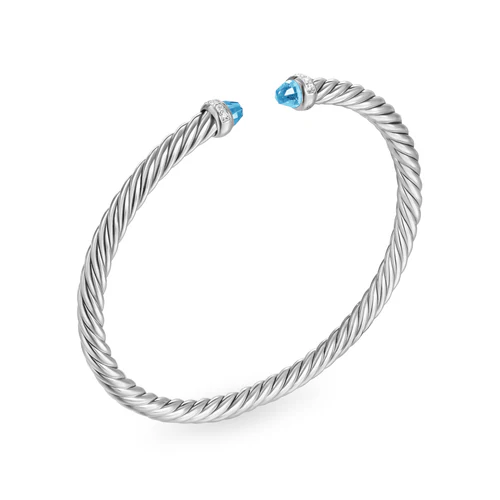 Cablespira Flex Bracelet in Sterling Silver with Blue Topaz and Diamonds, 4mm, Size Small - Image 3
