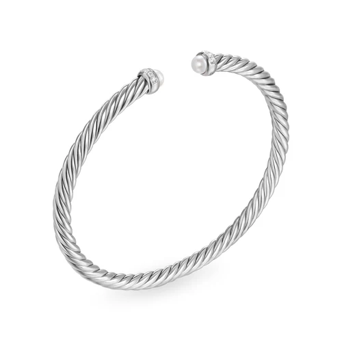 Cablespira Flex Bracelet in Sterling Silver with Pearls and Diamonds, 4mm, Size Small - Image 3