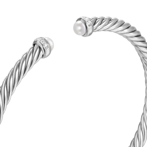 Cablespira Flex Bracelet in Sterling Silver with Pearls and Diamonds, 4mm, Size Small - Image 4