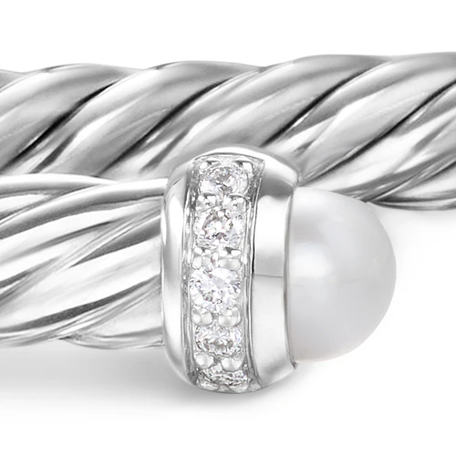 Cablespira Flex Bracelet in Sterling Silver with Pearls and Diamonds, 4mm, Size Small - Image 5