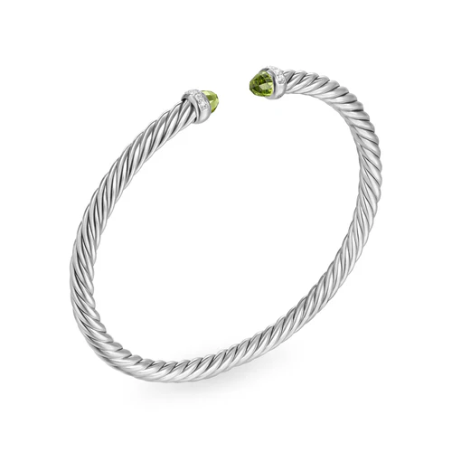 Cablespira Flex Bracelet in Sterling Silver with Peridot and Diamonds, 4mm, Size Medium - Image 3