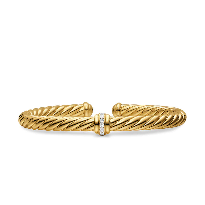 Cablespira Flex Center Station Cuff in 18K Yellow Gold with Diamonds, 6mm, Size Medium