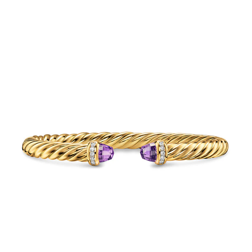 Cablespira Flex Cuff in 18K Yellow Gold with Amethyst and Diamonds, 6mm, Size Medium