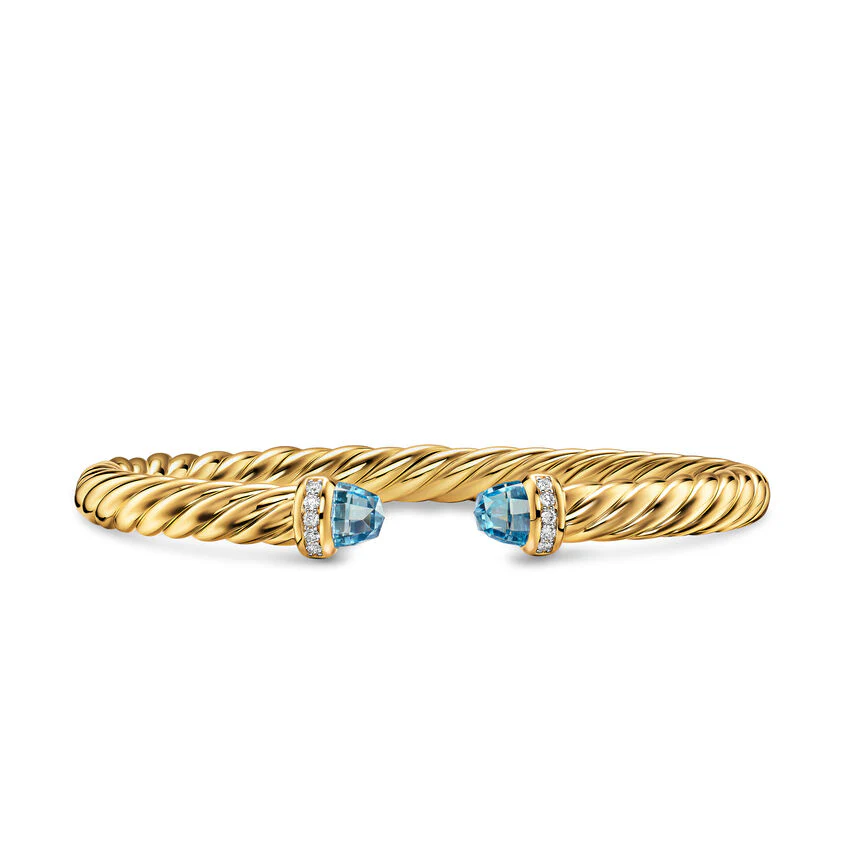 Cablespira Flex Cuff in 18K Yellow Gold with Blue Topaz and Diamonds, 6mm, Size Medium