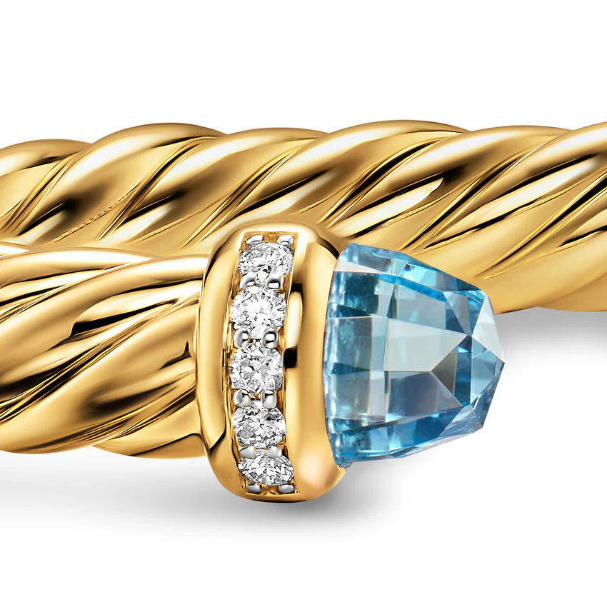 Cablespira Flex Cuff in 18K Yellow Gold with Blue Topaz and Diamonds, 6mm, Size Medium - Image 2