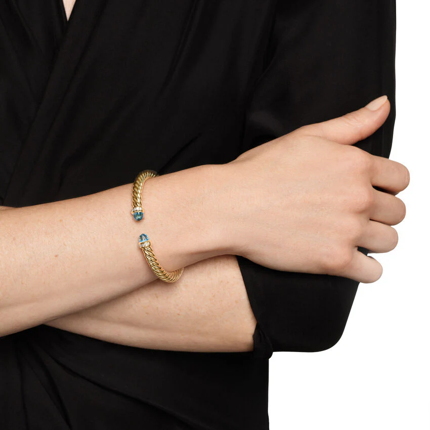 Cablespira Flex Cuff in 18K Yellow Gold with Blue Topaz and Diamonds, 6mm, Size Medium - Image 3