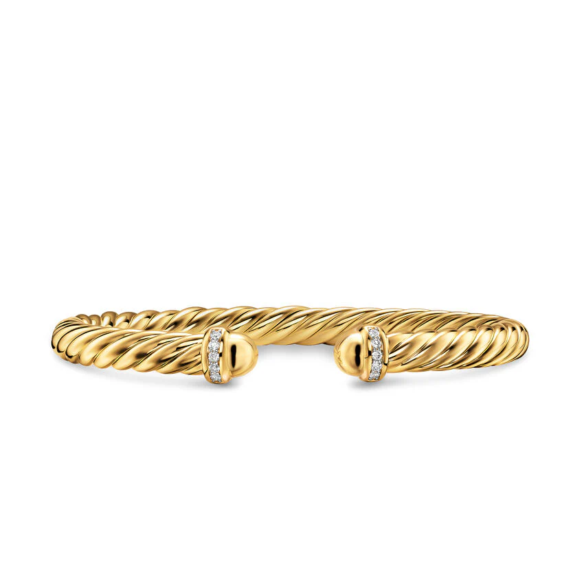 Cablespira Flex Cuff in 18K Yellow Gold with Gold Domes and Diamonds, 6mm, Size Medium