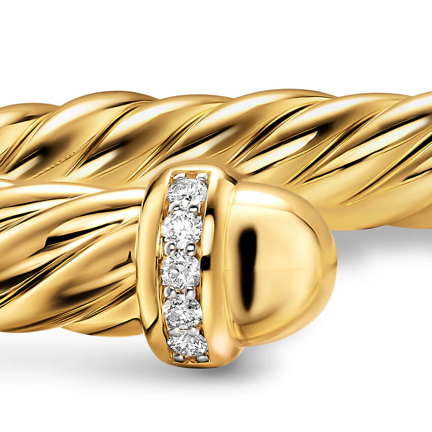 Cablespira Flex Cuff in 18K Yellow Gold with Gold Domes and Diamonds, 6mm, Size Medium - Image 2
