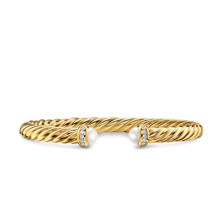 Cablespira Flex Cuff in 18K Yellow Gold with Pearls and Diamonds, 6mm, Size Medium