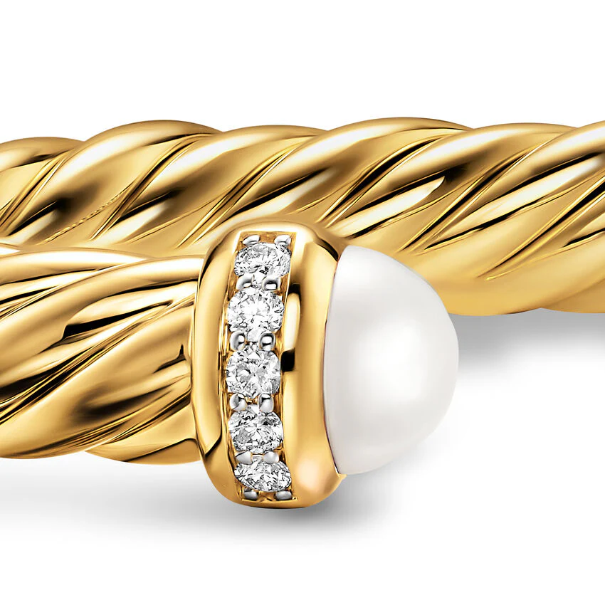 Cablespira Flex Cuff in 18K Yellow Gold with Pearls and Diamonds, 6mm, Size Medium - Image 2