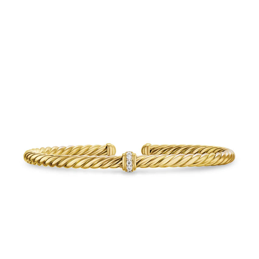 Cablespira Flex Station Cuff in 18K Yellow Gold with Diamonds, 4mm, Size Large