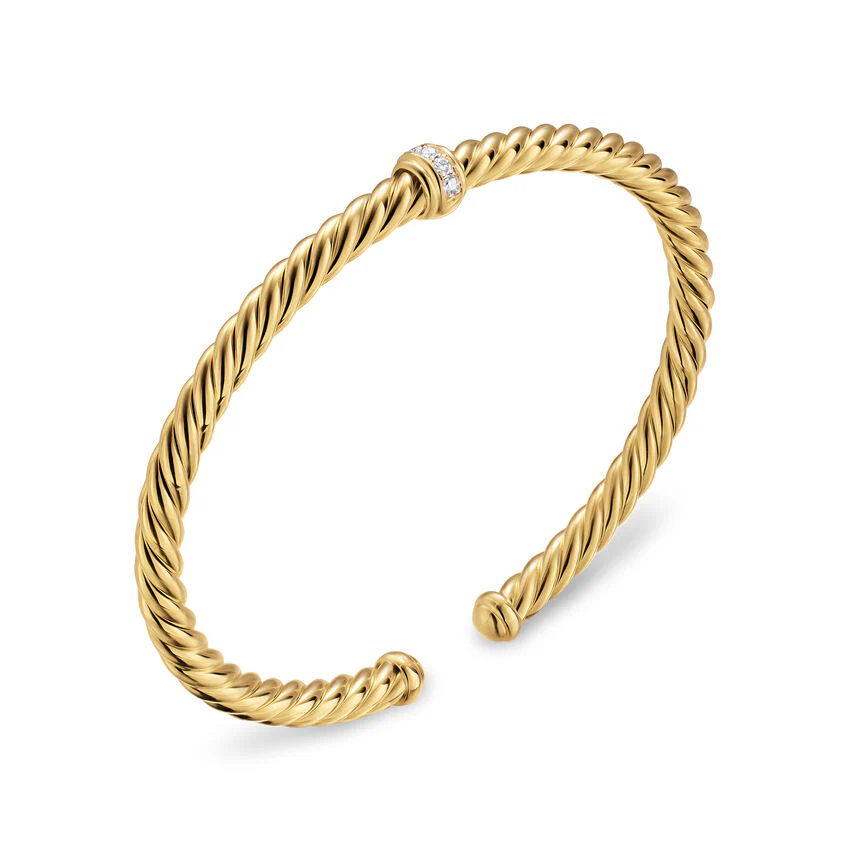 Cablespira Flex Station Cuff in 18K Yellow Gold with Diamonds, 4mm, Size Large - Image 2